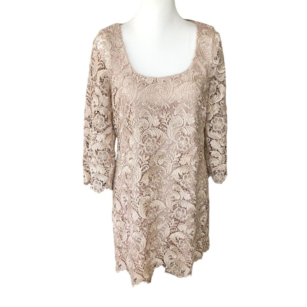 WHBM Lace Overlay Cocktail Party Wedding Shift Dress Champagne‎ Beige Size 6